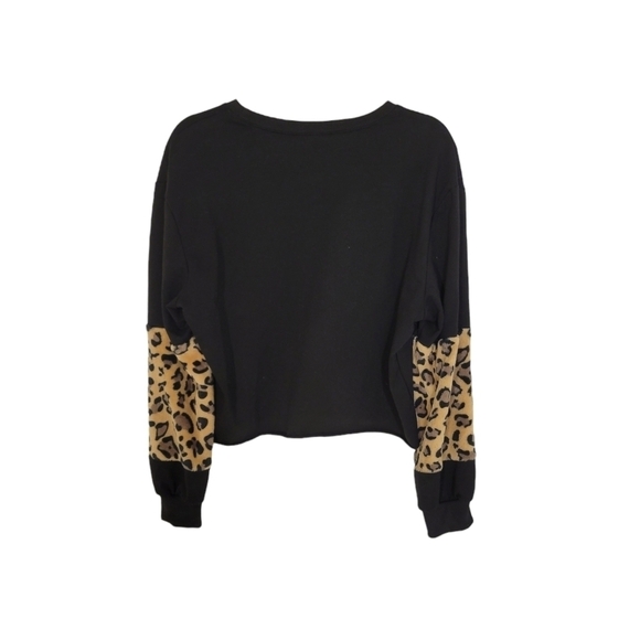 Shein Cheetah Fleece Trimmed Black Cropped Sweatshirt - Picture 1 of 4